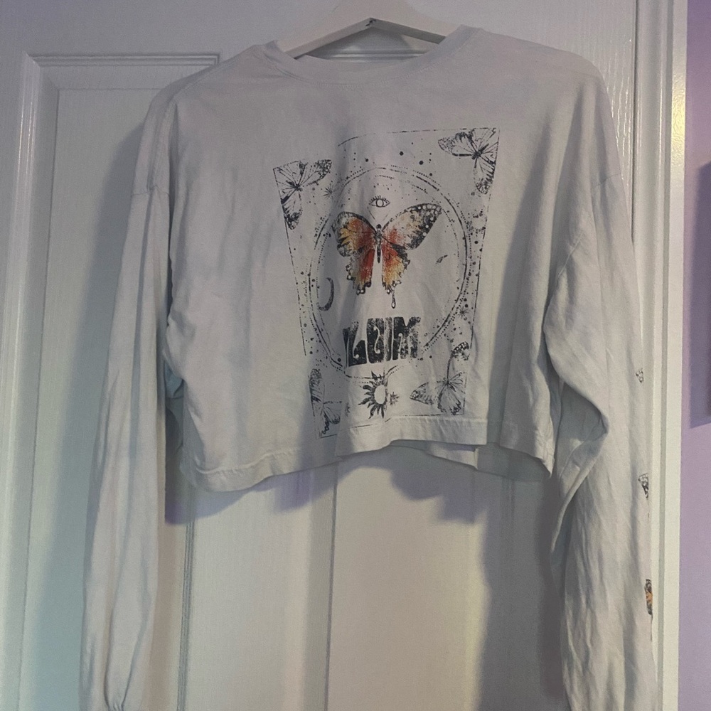 Garage White Long Sleeve Tee with Butterfly Print